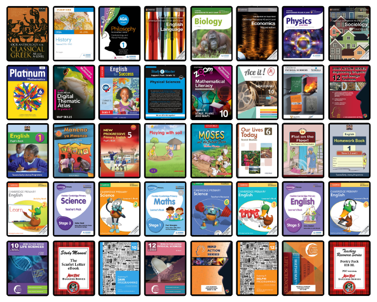 A grid of cover thumbnails showing 40 titles in the Snapplify e textbook collection across many subjects and curricula