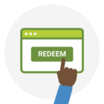 Illustrated persons hand clicking a button that says redeem in a browser window