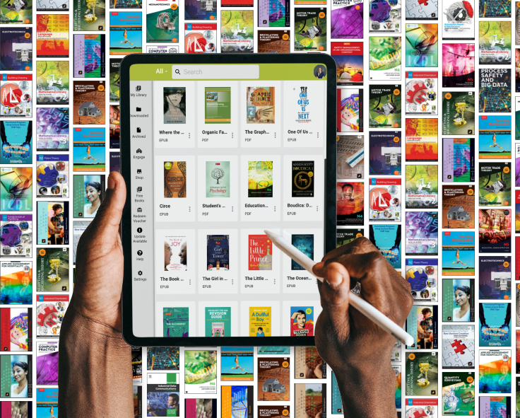 A person accessing ebooks via Snapplify using a tablet device with a backdrop of many more ebooks