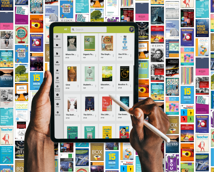 A person accessing ebooks via Snapplify using a tablet device with a backdrop of many more ebooks