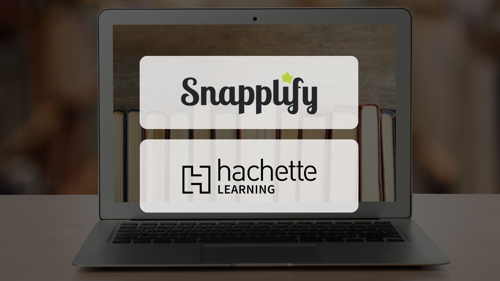 Hachette Learning Publishers Website Article Image - Snapplify Education Laptop screen displays white rounded panels with Snappify logo above the Hachette Learning logo.