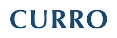 CURRO logo: blue serif wordmark on a black background.