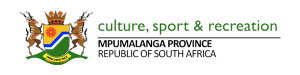 Mpumalanga Province culture, sport & recreation logo with a shield crest on the left and green text reading 'culture, sport & recreation' on the right; subtitle 'Mpumalanga Province Republic of South Africa' appears below.