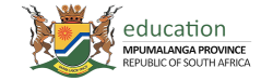 Mpumalanga Province coat of arms beside the word 'education' and 'Republic of South Africa' text on a black background.