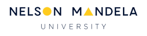 Nelson Mandela University logo: blue text with a yellow circle between 'Nelson' and 'Mandela' and a yellow triangle above 'University'.