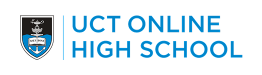 Logo of UCT Online High School: blue and white shield crest to the left with the text 'UCT ONLINE HIGH SCHOOL' in blue on the right.