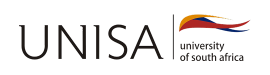 UNISA logo featuring the letters UNISA and a multicolored orange-blue-red swoosh with the words 'university of south africa'
